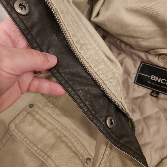 BNCI Tan Brown Canvas Utility Jacket Faux Leather Neutral Pockets Womens Large L - Picture 8 of 12